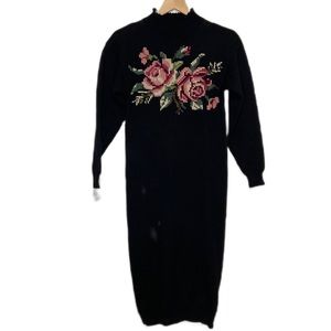 Vintage J.G. Hook Small Wool Cross Stitch Floral Maxi Long Sleeve Black Dress